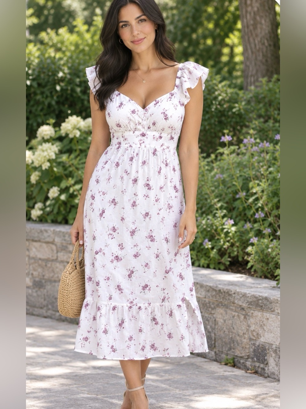 District White Midi Dress with Mauve Floral Print